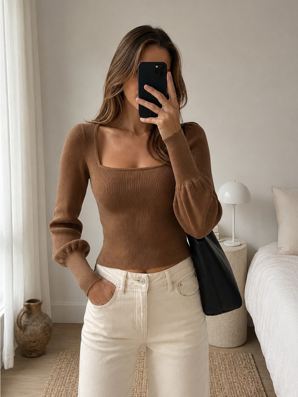 Aritzia Babaton Minimalist Ribbed Square Neck Knit Top Brown XXS